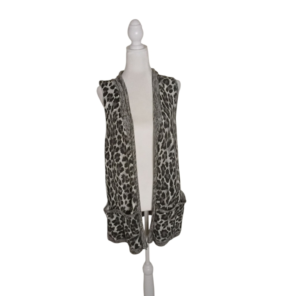 Chico's Women's 2 Leopard Print Black Gray Stretcy Open Front Cardigan